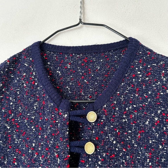 Vintage 60s/70s Confetti Fancy Knit Tunic Vest Sleeveless Navy Blue Open Front M - Picture 2 of 15